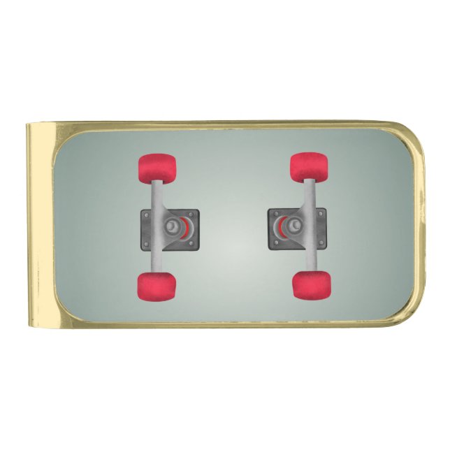 Red Skateboad Wheels Gold Finish Money Clip (Front)