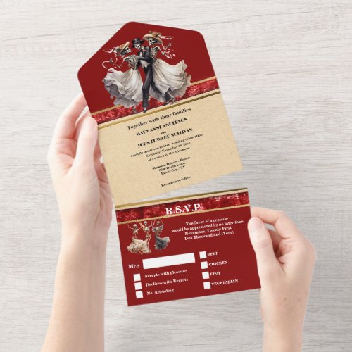 Red skeleton bride groom gothic wedding all in one invitation