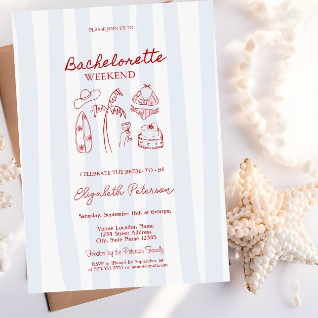 Red Sketch Bachelorette Weekend Blue Stripes Invitation (Creator Uploaded)