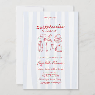 Red Sketch Bachelorette Weekend Blue Stripes Invitation