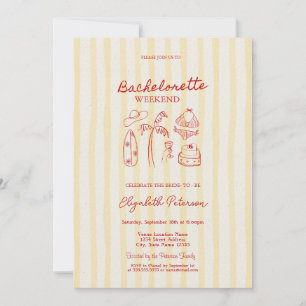 Red Sketch Bachelorette Weekend Yellow Stripes Invitation