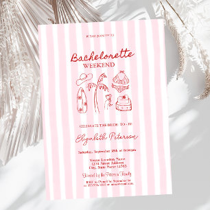 Red Sketch Bikinis & Martinis Pink Striped Invitation