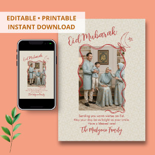 Red Sketch Ribbon Crescent Moon Photo Eid Mubarak Holiday Card