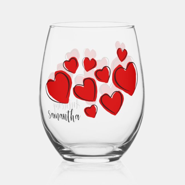 Red Sketchy Hearts Design Stemless Wine Glass