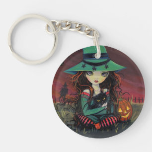 Red Skies of October Halloween Witch Art Keychain