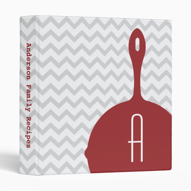 Red Skillet + Gray Chevron Monogram Recipe Binder (Front/Spine)