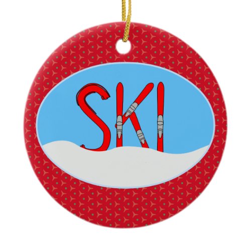 Red Skis And Snow In An Oval Ceramic Ornament