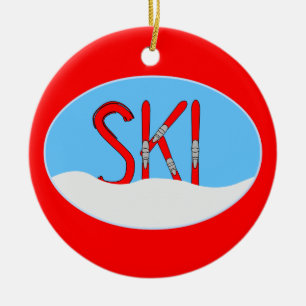 Red Skis And Snow In An Oval Ceramic Ornament