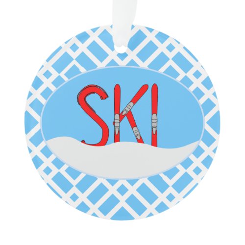 Red Skis And Snow In An Oval Ornament