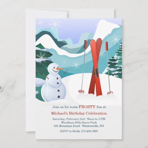 Red Skis and Snowman Invitation