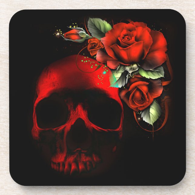 Red skull and roses drink coaster (Front)