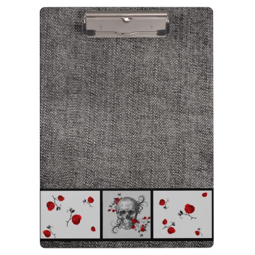 Red Skull and Roses with Black Jeans Fabric Clipboard