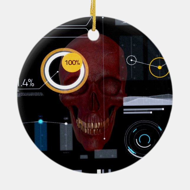 Red skull behind see-through screen hacker ceramic ornament (Back)