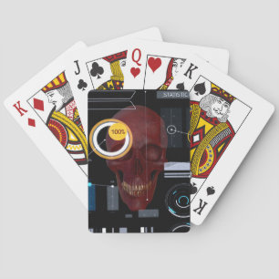 Red skull behind see-through screen hacker poker cards
