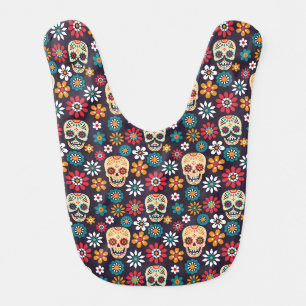 Red skull floral pattern baby bib
