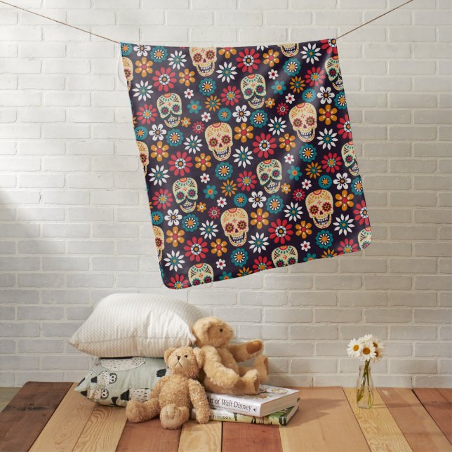 Red skull floral pattern baby blanket (In Situ)