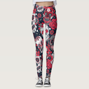 Red skull floral pattern leggings