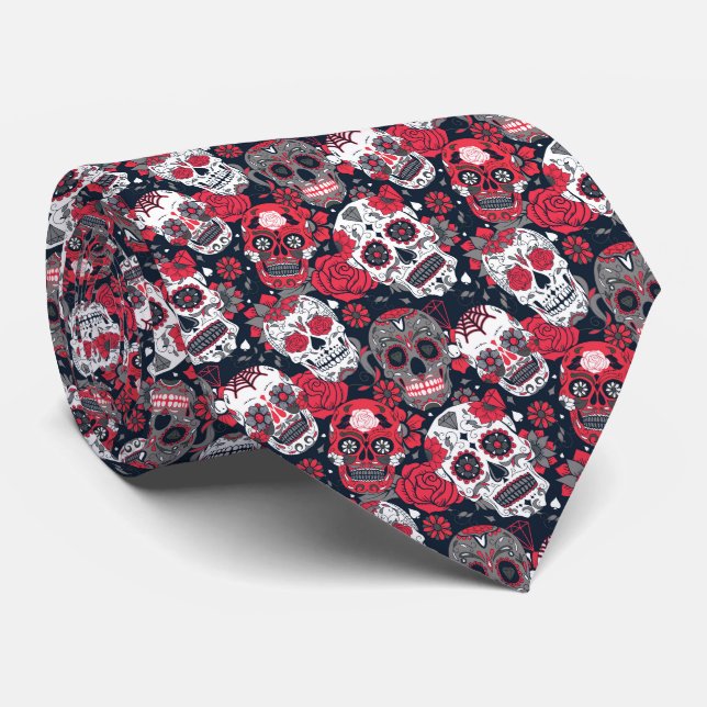 Red skull floral pattern neck tie (Rolled)