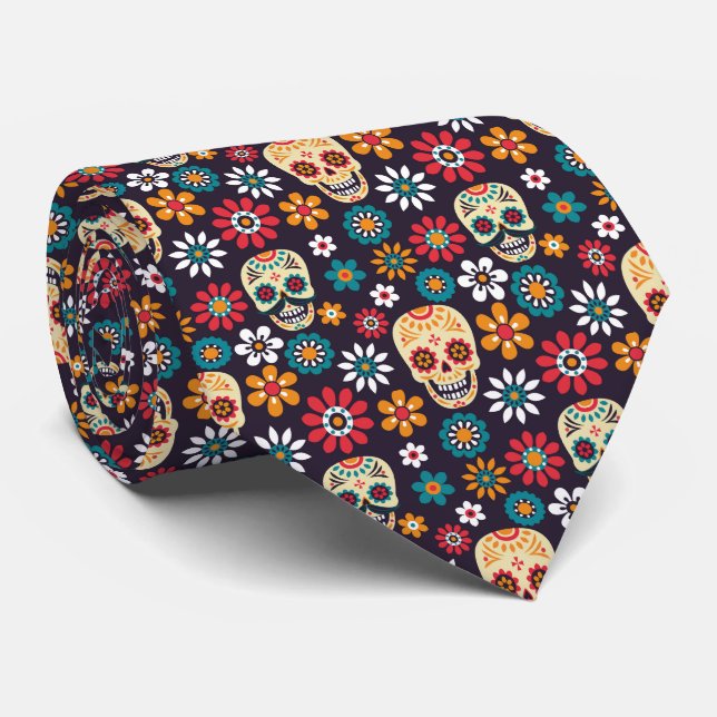 Red skull floral pattern neck tie (Rolled)