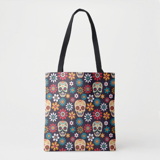 Red skull floral pattern tote bag (Front)