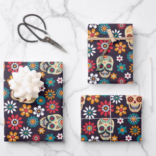 Red skull floral pattern wrapping paper sheets