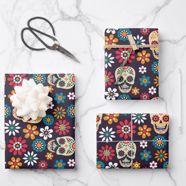 Red skull floral pattern wrapping paper sheets (Front)