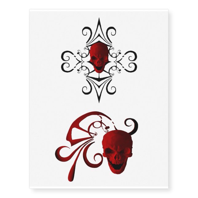 Red Skull with Flourish Temporary Tattoos (Front)