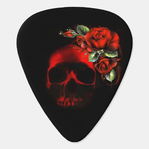 Red skull with red roses guitar pick