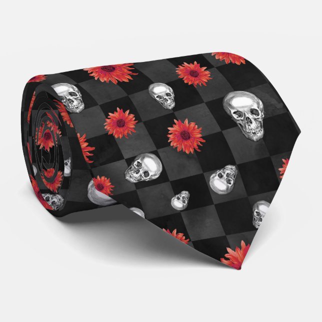 Red Skulls and Sunflower Series Design 7 Neck Tie (Rolled)