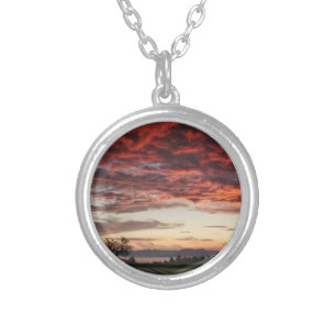 Red Sky Beautiful Landscape Silver Plated Necklace