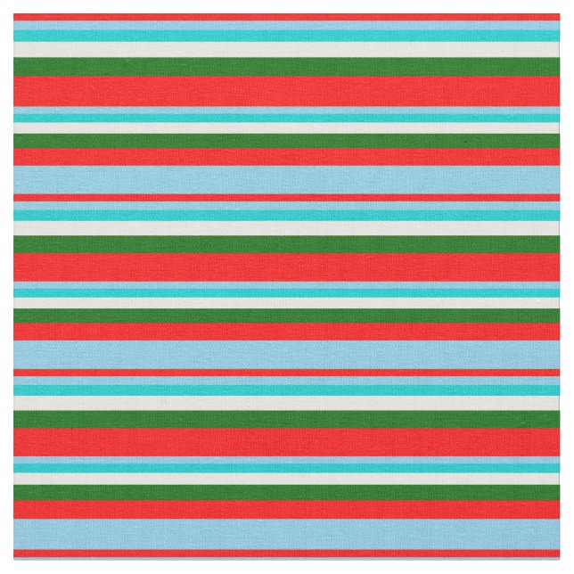 Red, Sky Blue, Dark Turquoise, White & Dark Green Fabric (Close Up)