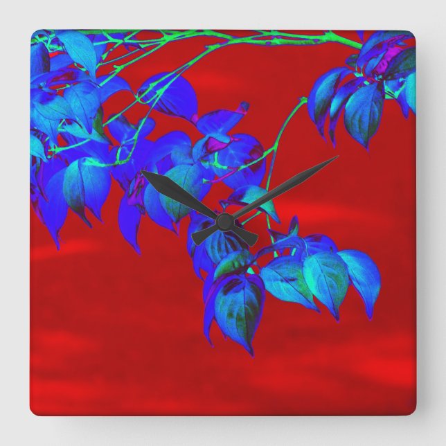 Red Sky Blue Leaves Wall Clock (Front)
