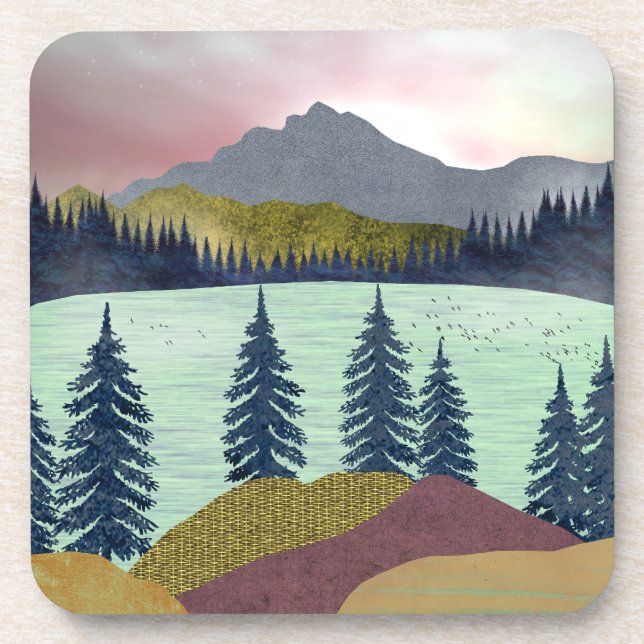 Red Sky Lake Landscape Beverage Coaster (Front)