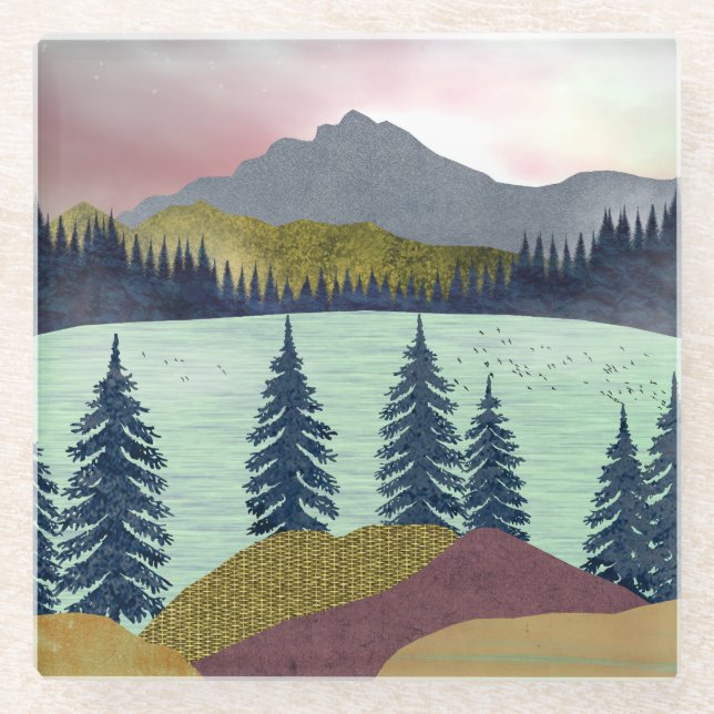 Red Sky Lake Landscape Glass Coaster (Front)