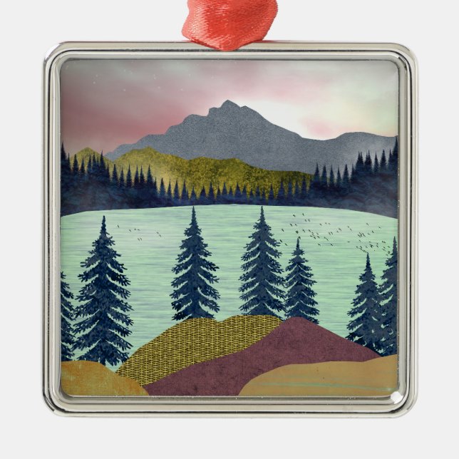Red Sky Lake Landscape Metal Ornament (Front)
