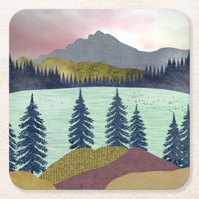 Red Sky Lake Landscape Square Paper Coaster (Front)