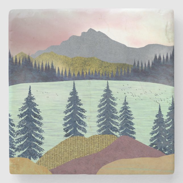 Red Sky Lake Landscape Stone Coaster (Front)