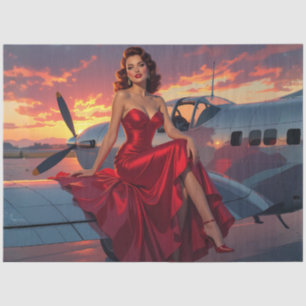 Red Sky Runway – Vintage Pin-Up Aviator Decoupage  Tissue Paper
