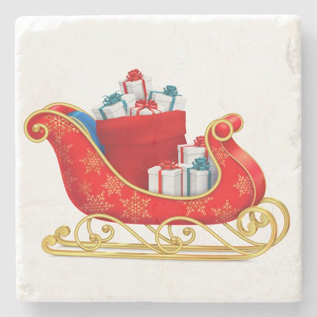 Red Sleigh Stone Coaster (Pretty Red Santa Claus Sleigh Stone Coasters, the red sleigh is filled with gifts!)