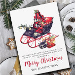 Red Sleigh Vintage Christmas Greeting Card<br><div class="desc">Elegant classic vintage antique red and black sleigh with a sprinkle of snowflakes,  for an elegant homey style with gifts and sleigh bells surrounding the sleigh,  and an elegant script type Merry Christmas.</div>