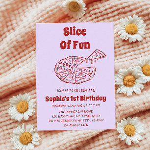 Red Slice of Fun Pizza First Birthday Party Invitation