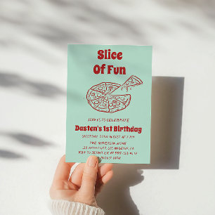Red Slice of Fun Pizza First Birthday Party Invitation