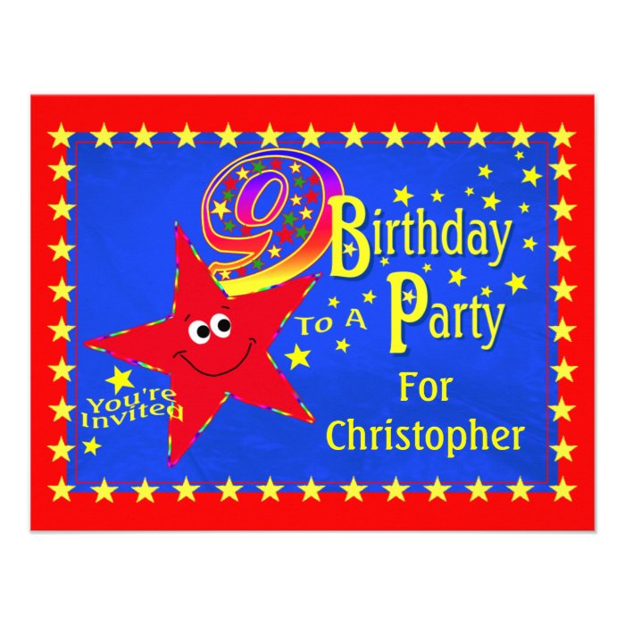 Red Smiley Star 9th Birthday Party Invitation