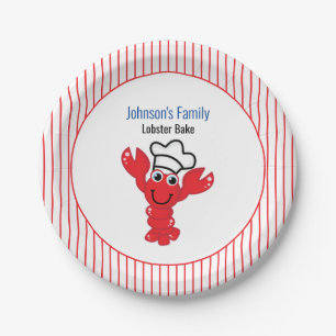 Red Smiling Lobster Chef Hat Stripes Paper Plates