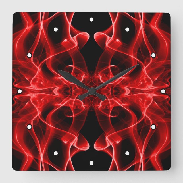 Red Smoke Symmetrical Minimalist Black Square Wall Clock (Front)