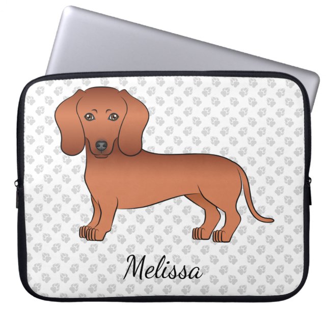 Red Smooth Coat Dachshund Cartoon Dog & Text Laptop Sleeve (Front)