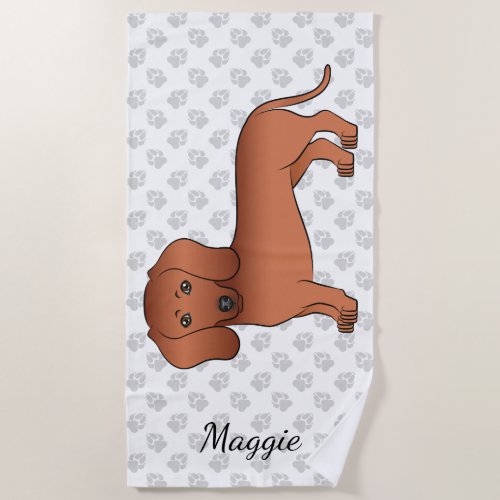 Red Smooth Coat Dachshund Cute Cartoon Dog  Name Beach Towel