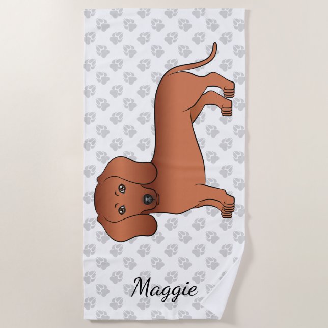 Red Smooth Coat Dachshund Cute Cartoon Dog & Name Beach Towel (Front)