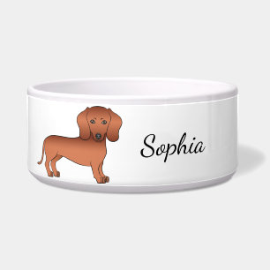 Red Smooth Coat Dachshund Cute Cartoon Dog & Name Bowl