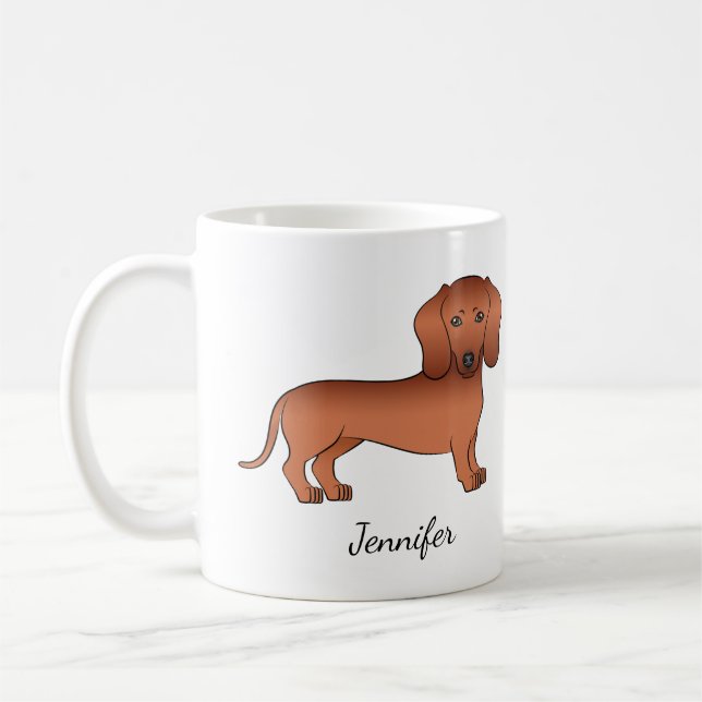 Red Smooth Coat Dachshund Cute Cartoon Dog & Name Coffee Mug (Left)
